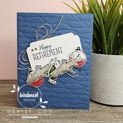 Photo of the Stampin' Up! Gone Fishing retirement card standing on display by a plant Fishing Scrapbook, Retirement Cards Handmade, Fishing Birthday Cards, Happy Retirement Cards, Mother Card, Nautical Cards, Fishing Cards, Masculine Birthday Cards, Retirement Cards