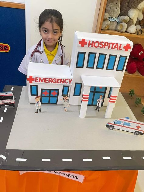 Hospital Model For School Project, Community Helpers Decorations, Hospital Model, Community Project Ideas, Kindergarten Science Projects, Hospital Project, Hospital Pharmacy, Candy Themed Party, Community Workers