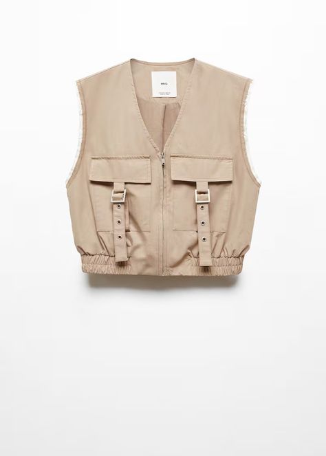 Vest with cargo pockets - Woman | Mango India Waistcoat Fashion, Cargo Design, Vest Outfits For Women, Kebaya Brokat, Cargo Vest, Short Design, Balloon Sleeve Blouse, Contrasting Trim, Cargo Jacket