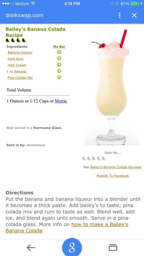 Bailey's Banana Colada recipe Banana Baileys Colada, Baileys Colada Recipe, Banana Colada Recipe, Banana Colada, Pina Colada Cocktail, Carribean Cruise, Pina Colada Recipe, Bartender Drinks, Liquor Recipes