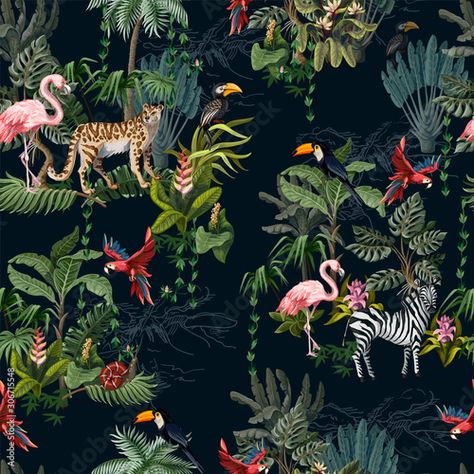 Childrens Curtains, Animals Flowers, Tropical Animals, Jungle Wallpaper, Exotic Animals, Deco Originale, Tropical Forest, Jungle Theme, Vinyl Wallpaper