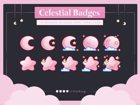 celestial lunar cosmic pink sub badges for twitch streams cute and affordable Twitch Sub Badge Ideas, Twitch Assets, Pink Celestial, Twitch Streaming Setup, Twitch Badges, Adopt Idea, Streaming Setup, Overlays Cute, Twitch Emotes