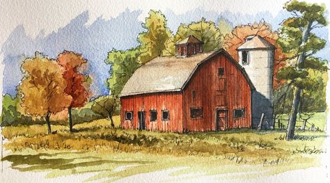 Pen And Ink Landscape, Line And Wash, Watercolor Barns, Ink Landscape, Watercolor And Pen, Pen And Wash, Barn Painting, Landscape Sketch, Painting Media