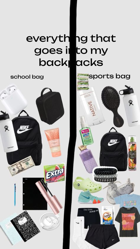 #sports #school#nike#basketball#cheer What To Put In Sports Bag, What To Pack In Your Sports Bag, What To Put In Your Sports Bag, Sport Bag Essentials, Basketball Bag Checklist, Basketball Tournament Packing List, Track Bag Essentials, Nike Backpacks For School, Nike Bags School