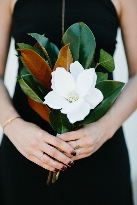 Magnolia leaf bouquet - Gorgeous for a bridesmaid in black. Simple Bridesmaid Bouquets, Magnolia Bouquet, Magnolia Wedding, Minimalist Wedding Decor, Palm Springs Wedding, Wedding Decor Inspiration, Deco Floral, Bridesmaid Flowers, Single Flower