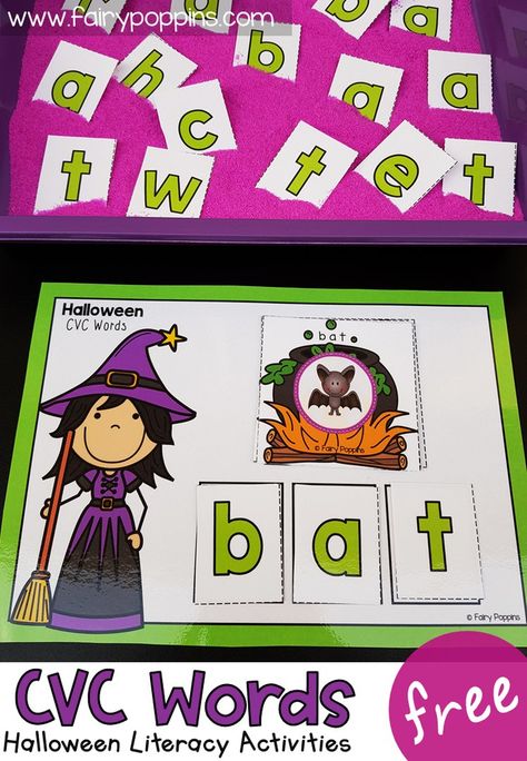 These FREE kindergarten literacy activities help kids learn about CVC words. They feature a cute Halloween theme. Kids can explore Halloween CVC words using a sensory tray, puzzles, word mat or worksheet. #freehalloweenactivities #kindergartenliteracy #cvcwords #kindergartencenters #halloweencenters #halloweenprintables #halloweenliteracy #kindergartenspelling #cvcactivities #kindergartenphonics #phonological awareness Kindergarten Literacy Activities, Halloween Literacy Activities, Halloween Literacy Centers, Fairy Poppins, Halloween Kindergarten Activities, Activities For Halloween, Halloween Literacy, Halloween Centers, Literacy Activities Kindergarten