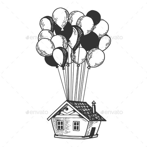 House Flying on Air Balloons Engraving Vector #Air, #Flying, #House, #Vector Balloons Sketch, Up House Drawing, Ballon Drawing, Up House With Balloons, Balloons Illustration, Sketch Line Art, Balloon House, Balloon Illustration, Balloon Cartoon