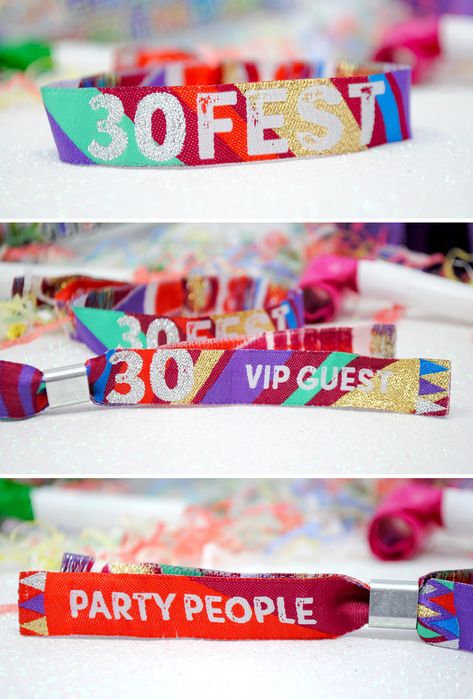 30th birthday party festival wristband 25th Birthday Party Favors, Festival Themed Party Birthday, 30tj Birthday Party Ideas For Her, Music Festival Themed Party, Coachella Birthday Party, Themed 30th Birthday Party, Festival Wristbands, Festival Garden Party, Wristbands Festival