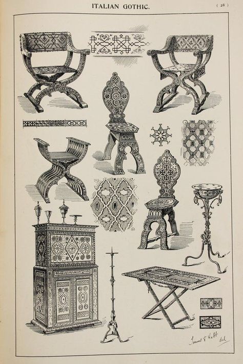 Flamboyant Gothic, Italian Gothic, Furniture History, Arts And Crafts Interiors, Drawing Furniture, Furniture Sketch, Arts And Crafts For Teens, Gothic Furniture, Arts And Crafts Furniture