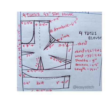 Reba Modak | #42"size blouse drafting#4tucksblousepattern #easysewingideas #easystitch #photo #instagram | Instagram Women's Blouse Patterns For Women, Blouse Sabyasachi, Simple Blouse Pattern, Blouse Drawing, Tailoring Classes, Pattern Drafting Tutorials, Clothing Pattern Design, Blouse Size Chart, Sewing Measurements