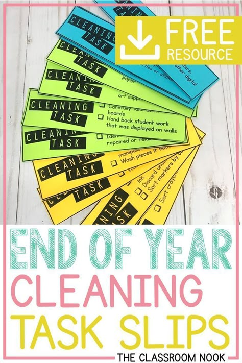 Have your students help you clean up your classroom for the summer. Divide up simple cleaning tasks and work as a class to prepare for the end of the school year. Download a free set of cleaning tasks in this post! #endofschoolyear #upperelementary #thirdgrade #fourthgrade #fifthgrade End Of Year Art, Wall Cleaning, Last Week Of School, End Of The Year Activities, End Of Year Activities, Classroom Routines, 2nd Grade Classroom, Free Teaching Resources, Cleaning Tasks