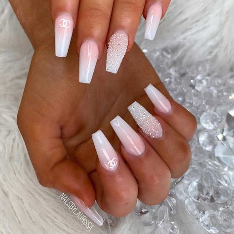 French Fade With Accent Nail, Pink And White Ombre Nails Coffin With Rhinestones, Trendy French Tip Nails Coffin White, Short Ballerina Nails Designs Ideas, Bride Toenails, Short White Acrylic Nails With Diamonds, Confirmation Nail Ideas, White Nails With Jewels, White Glam Nails