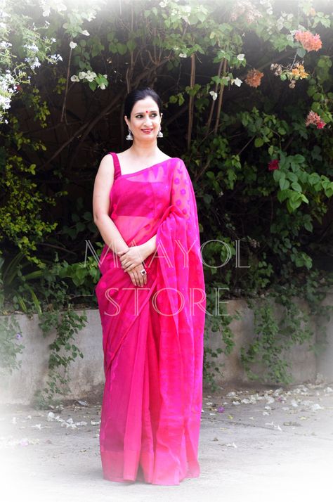 Handwoven Dhakai Jamdani Saree in Hot Pink by Maayol Store Pink Jamdani Saree Look, Jamdani Saree Look, Dhakai Jamdani Saree, Jamdani Saree, Tussar Silk Saree, Saree Look, Beautiful Saree, In Hot, Silk Saree