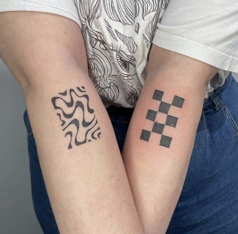 Checkered Tattoo Ideas, Checker Tattoo, Matching Brother Tattoos For Men, Warped Tattoo, Checkerboard Tattoo, Checkered Tattoo, Squiggle Tattoo, Matching Brother Tattoos, Thick Line Tattoos