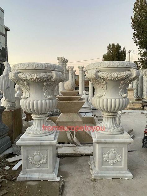 BEAUTIFUL CARVED MARBLE ESTATE MONUMENTAL URNS - JMU5 Outdoor Patio Ideas Backyards, Luxury Mansions Interior, Marble Carving, Ancient Greek Sculpture, Pillar Design, Garden Urns, Greek Sculpture, Classic Interior Design, House Front Design