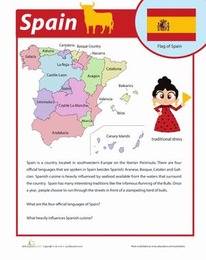 Fourth Grade History Comprehension Worksheets: Spain Facts Spanish Speaking Countries Map, Spain Country, Spanish Projects, Learn Spanish Online, Map Worksheets, Homeschool Geography, Kids Homework, World Thinking Day, Spanish Verbs