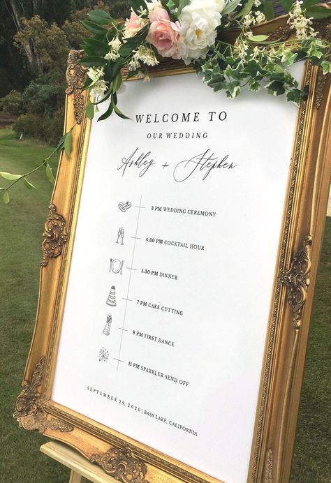 Order Of Events Sign, Wedding Order Of Events, Order Of The Day Wedding, Event Signs, Polaroid Wedding, Order Of Events, Romantic Wedding Receptions, Wedding Ceremony Ideas, Wedding Schedule