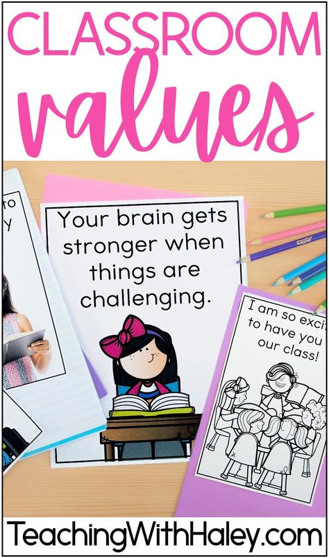 Read-Alouds to Discuss Classroom Mottos, Beliefs, and Values by Haley O'Connor. Great classroom management, character education, and classroom community activities for teaching kindergarten, first grade, and second-grade students. These books are 8-14 pages and talk about strong values to make sure students understand them and feel comfortable and safe in your classroom. Each book is designed to lead to further discussion and build a strong classroom community. Both digital Classroom Values, Character Education Bulletin Boards, Classroom Jobs Board, Classroom Community Activities, Beliefs And Values, Classroom Meetings, Social Emotional Learning Lessons, Teaching Kindness, Leadership Activities