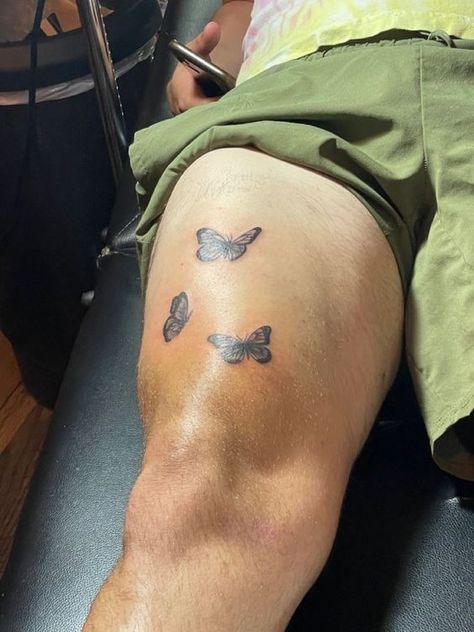 Discover Men’s Cute Butterfly Tattoo Ideas & Stylish Ink Inspirations Tattoo Ideas For Men On Thigh, Guy Butterfly Tattoo, Butterfly Tatoos Men, Tattoo Ideas For Men Butterfly, Butterfly Knee Tattoo Men, Men’s Simple Butterfly Tattoo, Tattoo Thigh Ideas, Men Butterfly Tattoo, Butterfly Tattoo Thigh