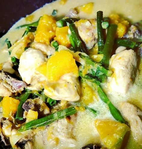 Filipino Coconut Chicken, Chicken With Coconut Milk Recipes Filipino, Ginataang Manok Recipe, Filipino Chicken Recipes, Ginataang Manok, Coconut Stew, Milk Chicken, Chicken Stew Recipe, Spaghetti With Ground Beef