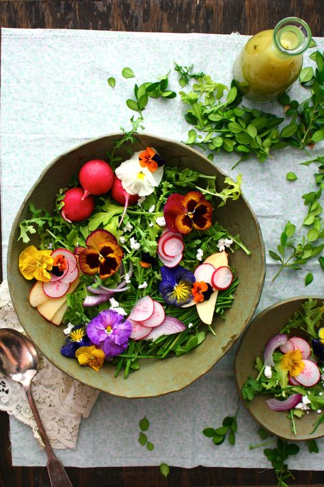 Wildflower & Arugula Salad with Orange Blossom Vinaigrette & Farmer's Cheese Fae Food, Allotment Recipes, Flowers Recipes, Easter Sides, Farmer’s Cheese, Flower Recipes, Botanical Aesthetic, Edible Flowers Recipes, Easter Side Dishes