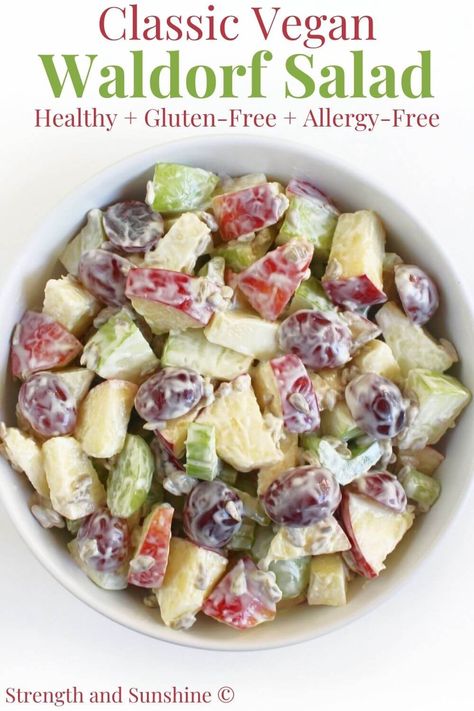 Vegan Waldorf Salad (Allergy-Free, Gluten-Free) | Strength and Sunshine | This Vegan Waldorf Salad is the perfect combination of crisp, creamy, sweet, and tangy! The classic 19th-century Waldorf Astoria salad recipe with nut-free, allergy-friendly updates using apples, celery, grapes, sunflower seeds, and a sweet eggless mayo dressing! A quick and easy chilled appetizer or side dish for any occasion and easily customized! Waldorf Salad Recipe, Waldorf Salad, Popular Side Dishes, Easy Spirit, Side Recipes, How To Cook Quinoa, How To Make Salad, Healthy Salad Recipes, Delicious Salads