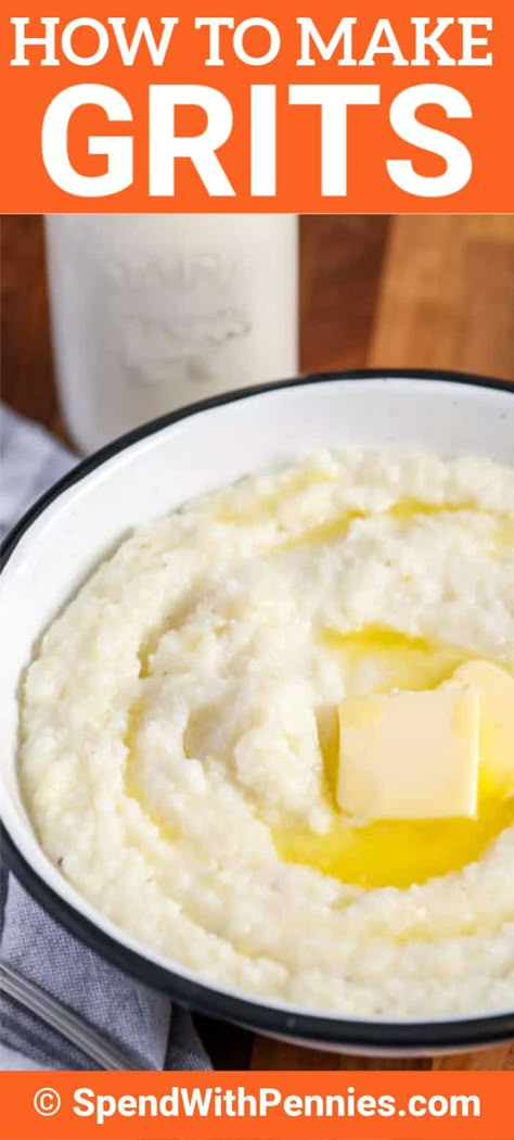 Grits are the best breakfast, lunch or supper side! Made with quick-cooking grits this easy recipe is ready in no time. Serve with shrimp, biscuits, or mixed with cheese! #spendwithpennies #howtomakegrits #grits #sidedish #breakfast #creamygrits #corngrits Shrimp Biscuits, Creamy Grits Recipe, Grits Recipe Breakfast, Easy Grits Recipe, Cooking Grits, Gourmet Entrees, How To Cook Grits, Southern Cooking Recipes, Creamy Grits