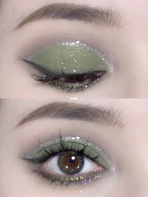 Makeup; eyeshadowlook; makeup inspo; Makeup idea; douyin; cbeauty; natural makeup; eyeshadow; blush; false eyelashes Sage Green Eye Makeup Natural, Green Silver Eye Makeup, Green Soft Makeup, Cute Green Makeup Looks, Soft Green Eyeshadow, Tutor Eyeliner, Mint Eyeshadow Looks, Green Douyin Makeup, Green And Silver Makeup