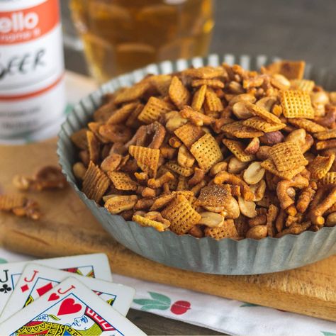 Spicy BBQ Chex Mix Recipe Spicy Chex Mix, Chex Mix Recipe, Pretzel Twists, Chex Mix Recipes, Mini Pretzels, Half Baked, Chex Mix, Half Baked Harvest, Snack Mix