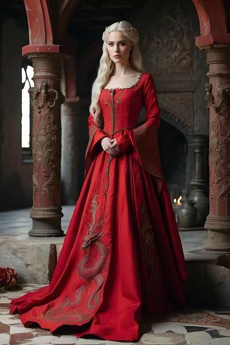 Red Fantasy Gown, Queen Dress Royal Medieval, Red Medieval Dress, Queen Outfits Royal, Game Of Thrones Dress, Celebrity Brides, Game Of Thrones Outfits, Queen Outfits, Medieval Gown