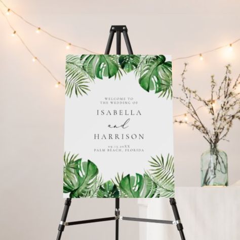 CORA Tropical Beach Palm Leaf Wedding Welcome Sign for $46.80 - Wedding Thank You Card Palm Leaf Wedding, Havana Party, Tropical Greenery, Reception Signs, Engagement Party Decorations, Beach Destination Wedding, Wedding Leaves, Wedding Beach, Wedding Welcome Sign