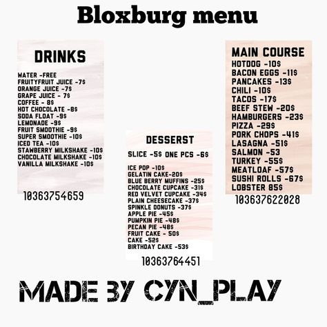 Gym Sign Bloxburg Codes, Bloxburg Drinks Menu Decal, Bloxburg Sushi Menu Decals, Restraunt Decal Bloxburg, Drink Menu Bloxburg, Bloxburg Food Menu Decals, Bloxburg Drink Menu Codes, Bloxburg Food Truck Decals, Bloxburg Fancy Restaurant Decals