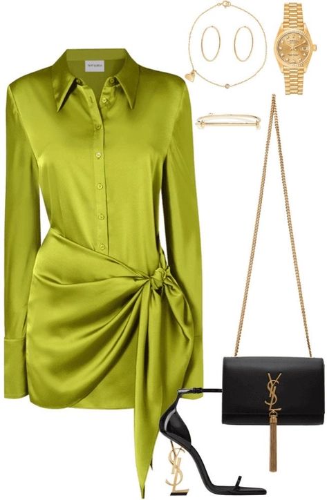 Elegant Green Outfit, Green Chanel Perfume, Green And Gold Outfit, Satin Green Dress, Green Chanel, Ysl Handbag, Outfit Ideas For Party, Chanel Perfume, Gold Accessories