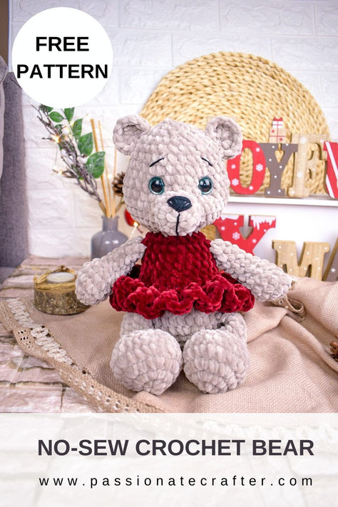 Crochet no sew bear pattern. No sew skills required! Crochet bear with red dress No Sew Bear Crochet Pattern Free, Crochet All In One Teddy Bear, Knitted Halloween, Crochet Sleepy Bear Free Pattern, Passionate Crafter, Beer Haken, Amigurumi Toys Free Pattern Little Bear Crochets, Crochet Teddy Bear Pattern Free, One Piece Crochet Teddy Bear Pattern Free