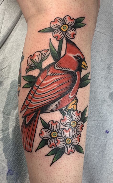 Cardinal and Dogwoods #cardinal #americantraditional #americantraditionaltattoo #dogwood #legtattoo Dogwood Flower Tattoo, Dogwood Tattoo, Dogwood Flower Tattoos, Spider Tattoos, Cardinal Tattoo, Tato Tradisional, Cardinal Tattoos, Tattoos Mandala, Elements Tattoo