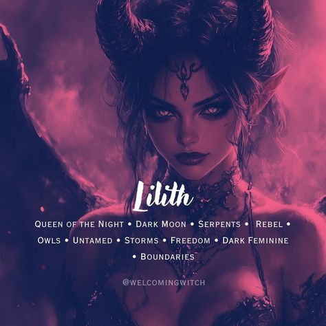 These traits make Lilith a complex and powerful figure, symbolizing both the fierce, independent spirit of women and the mystery of the unknown. She continues to be a symbol of feminine strength, autonomy, and the dark, shadowed aspects of existence. . . . . . . . . . #witchlife #witchesofinstagram #moonmagick #witch #witchcraft #pagan #spiritual #Spirituality #witchytips #witchyaesthetic #babywitch #modernwitch #greenwitch #magickaltools #beginnerwitch #magickalsupplies #witchy #witchtok #wi... Naamah And Lilith, Lilith Deity, Lilith Alter, Witchy Practices, Goddess Taurus, Lilith Aesthetic, Lillith Goddess, Lilith Goddess, Lilith Symbol