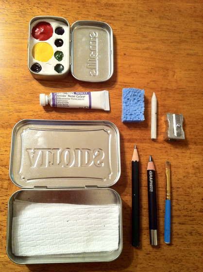 Another take on the Altoids tin pocket-sized watercolor kit--I like that this has the colors in a little separate tin <3 Field Sketch, Tin Crafts, Book Journals, Visual Journaling, Drawing Kits, Altoids Tin, Nature Journaling, Travel Art Kit, Watercolor Supplies