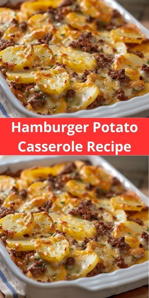 Delicious hamburger potato casserole. Ground beef, creamy potatoes, melted cheese. Easy to make. Hamburger Potato Casserole, Hamburger And Potatoes, Chicken Honey, Ground Beef Casserole Recipes, Hamburger Casserole, Easy Hamburger, Potatoe Casserole Recipes, Beef Casserole Recipes, Comfort Food Recipes Dinners