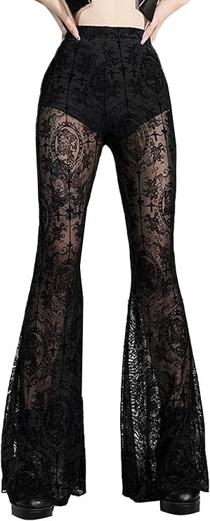 Women's Elastic Gothic Flare Pants High Waisted See Through Lace Bell Bottom Pants 70S Sexy Sheer Lace Flare Leg Pants Rave Clothes Black-c at Amazon Women’s Clothing store Alt Grunge, Rave Pants, Outfit Clubwear, Gothic Pants, Velvet Flare Pants, Edm Outfits, Boot Cut Leggings, Velvet Flares, Lace Pants