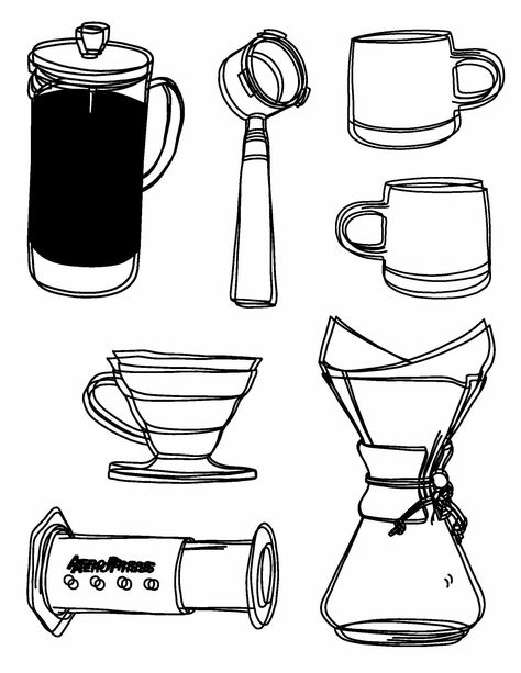 black and white coffee illustration Coffee Equipment Illustration, Espresso Machine Illustration, V60 Drawing, Portafilter Illustration, Portafilter Drawing, V60 Tattoo, Pour Over Tattoo, Aeropress Tattoo, Portafilter Tattoo