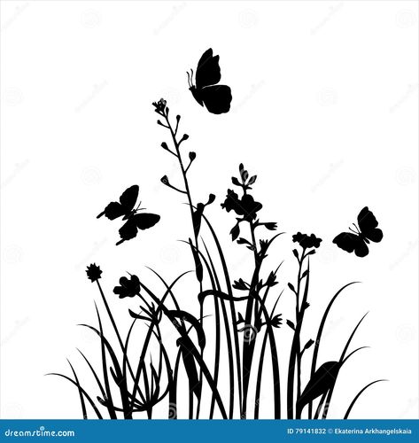 Silhouettes of flowers and grass with butterflies. Illustration about grass, doodle, field, design, botanical, herb, element, drawn, natural, petal, meadow, background - 79141832 Grass Doodle, Butterflies Background, Butterflies Illustration, Grass Vector, Floral Template, Plant Insects, Black Monochrome, Butterfly Background, Silhouette Clip Art