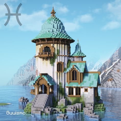 Pisces Waterside Sanctuary Inspired by the constellation Pisces Download Available on patreon/guuis #minecraft #minecraftbuilds #minecrafthouse #minecraftideas Minecraft Ocean House Aesthetic, Minecraft Squid Build, Minecraft House Near Water, Minecraft Sanctuary Ideas, Minecraft Aquatic Build, Minecraft Building Ideas Ocean, Ocean Themed Minecraft Builds, Ocean Base Minecraft, Ocean Minecraft Builds