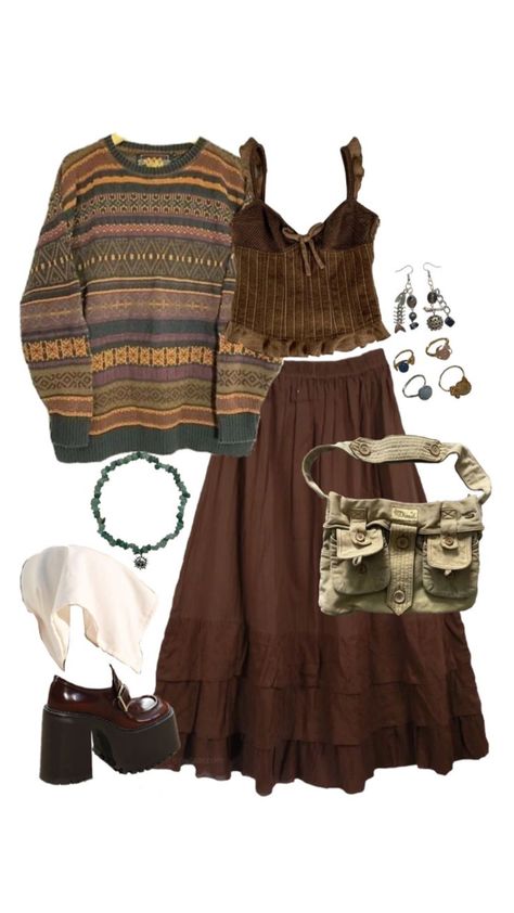 Outfit inspo #outfitideas #outfitinspo #iamabaldman #fyp #f4f #vintage #granolagirl #granolaaesthetic #granola #grunge #granolagrunge #lebsian Fawncore Outfit, Fairy Winter Outfits, Warm Aesthetic Outfit, Fox Inspired Outfit, Fairy Outfits Aesthetic, Skirt Layering Outfit, Winter Layered Outfits, Hippie Style Clothing Winter, Layered Clothes Aesthetic