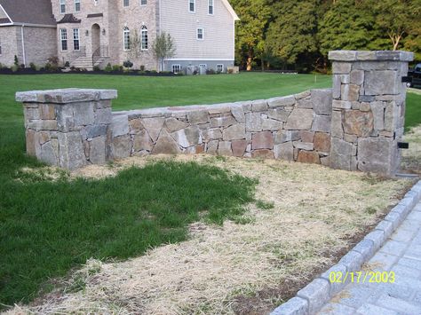 Stone Pillars for Driveway Entrance Driveway Entrance Landscaping, Brick Columns, Entrance Lighting, Stone Driveway, Driveway Entrance, Entrance Ideas, Driveway Landscaping, Stone Pillars, Front Yard Fence