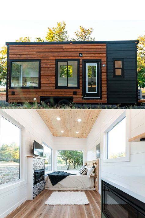 Vantage Legacy Tiny House With Fireplace has Single Floor Layout to Sleep Four Single Container Home Floor Plans, Single Floor Tiny House, 10x20 Tiny House Floor Plans Layout, Tiny House On Wheels Floor Plans, 10x20 Tiny House Floor Plans, House With Fireplace, Pod Design, 20ft Container, Mobile Beauty