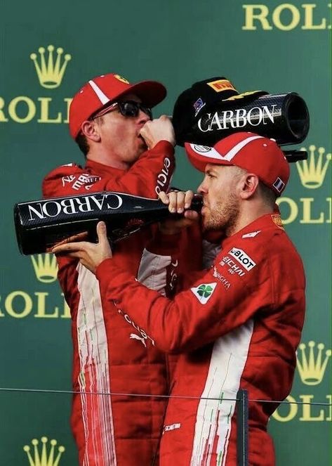 Sebastian Vettel And Kimi Raikkonen, Kimi Raikkönen, Seb Vettel, Forza Ferrari, Drinking Champagne, Kimi Raikkonen, F1 Wallpaper Hd, Formula 1 Car Racing, F1 Poster