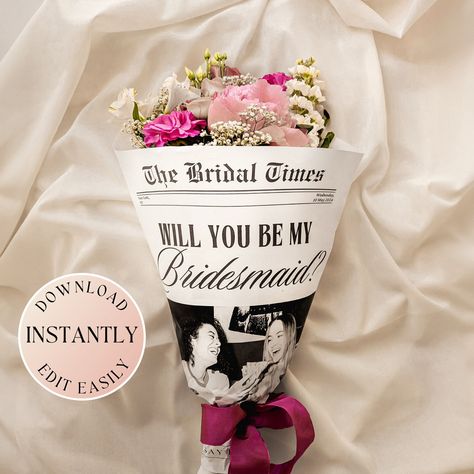 Surprise your bridesmaids with a proposal they won't forget! Propose to your bridesmaids with our bridesmaid newspaper template, a creative and personalized way to ask your closest friends and family members to join your special day. Perfect for adding to a bridesmaid proposal gift box or using as a flower bouquet wrap. ❤ 𝐖𝐡𝐲 𝐘𝐨𝐮'𝐥𝐥 𝐋𝐨𝐯𝐞 𝐈𝐭  ❤ * Make your bridesmaid proposal stand out with a personalized and memorable touch. * Customize effortlessly with our user-friendly Canva tem Clever Bridesmaid Proposal, Ideas For Asking Bridesmaids, Brides Proposal, Cute Ways To Ask Bridesmaids, Newspaper Flower Bouquet, Bridesmaid Newspaper, Bridesmaid Proposal Box Ideas, Bridesmaid Info Card, Newspaper Flowers