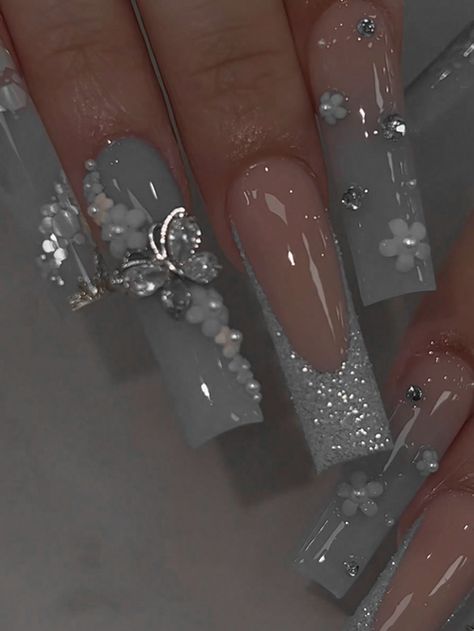 Nails Ideas For Quinceanera, Birthday Nails With Butterflies, Acrylic Nails Coffin With Charms, Grey Nail Inspo Acrylic, Milky Grey Nails, Blue With Silver Nails, Baby Blue Quince Nails, Acrylic Nails Coffin Blue, Nails Design Y2k