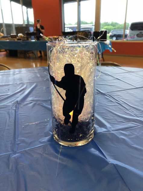 Lacrosse banquet centerpiece Cheap Banquet Centerpieces, Lacrosse Graduation Party Ideas, Hockey Banquet Centerpieces, Hockey Centerpieces Ideas, Wrestling Centerpiece Ideas, Sport Banquet Centerpieces, Lacrosse Centerpiece Ideas, Lacrosse Banquet Centerpieces, Wrestling Banquet Centerpieces