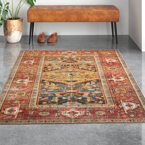 Lark Manor Anaelise Performance Blue/Brown/Red Rug & Reviews | Wayfair Orange Vibe, Loom Rug, Classic Vibe, Inspired Aesthetic, Medallion Pattern, Brown Living Room, Red Area Rug, Red Rug, Slow Living